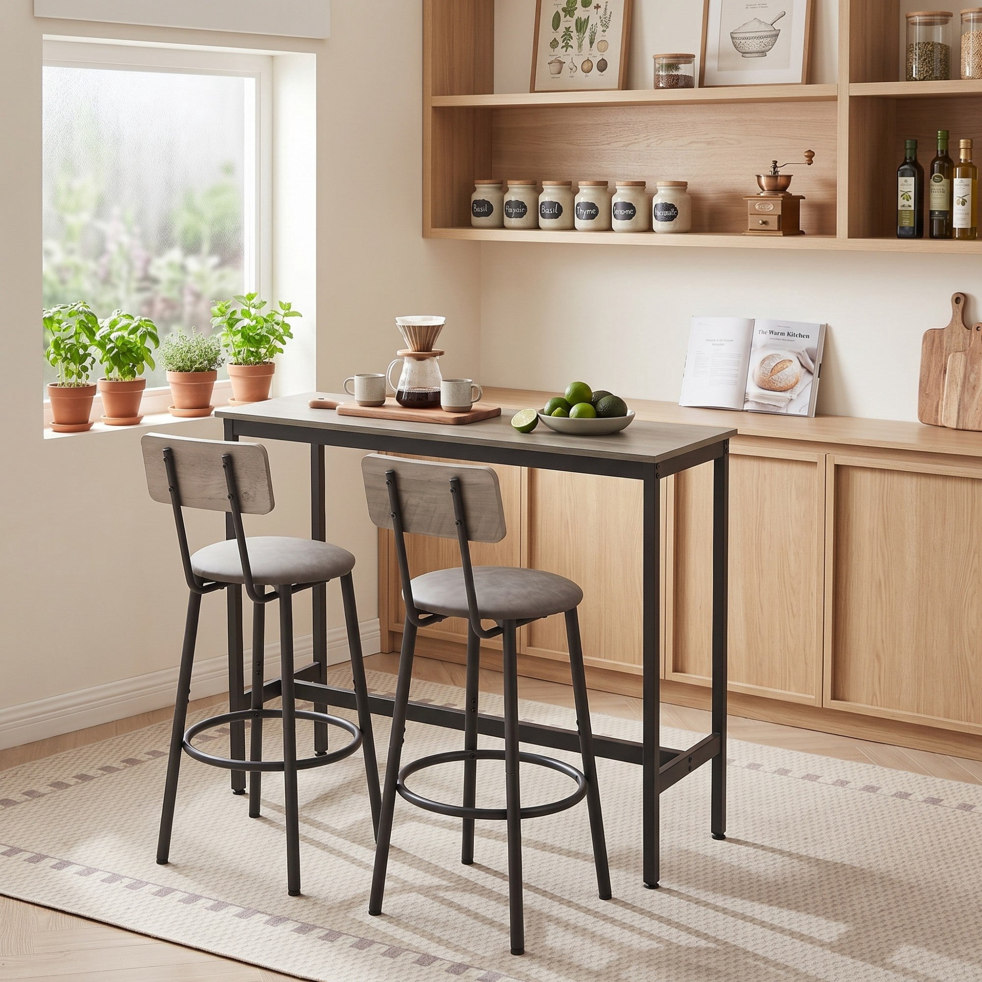Sailvan Bar Table Set with 2 Stools, PU Soft Seat with Backrest, Rustic Grey