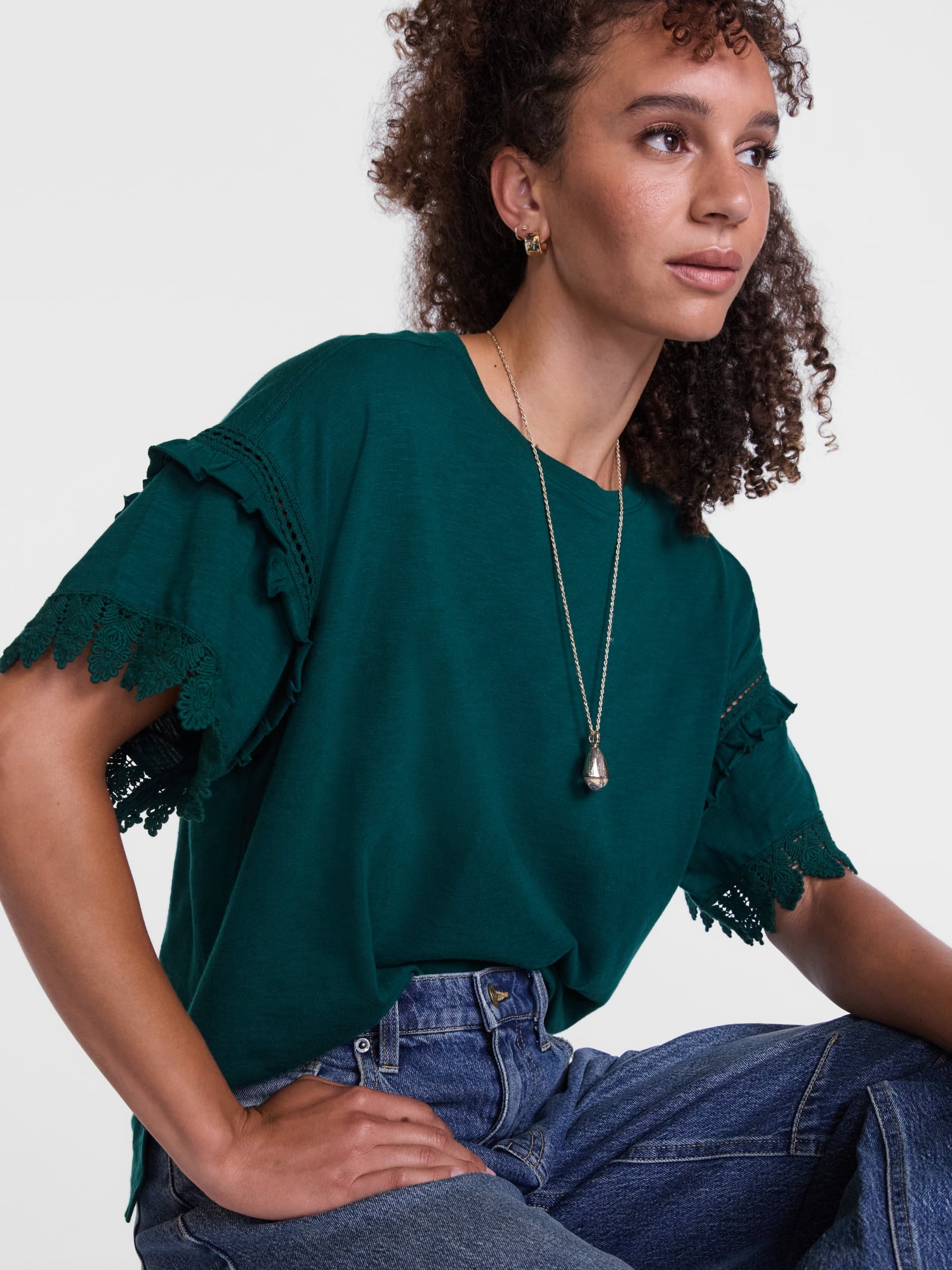 Scenario Women's Lace Trim Tee with Short Sleeves, Size XS-XXXL