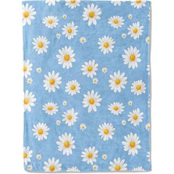 Daisy Flower Flannel Blanket - Floral Design with White Daisies on Blue Background Throw - Soft Cozy Gifts Blankrts for Spring Decor, Nature Lovers, and Bright Home Room Accents 50x60in