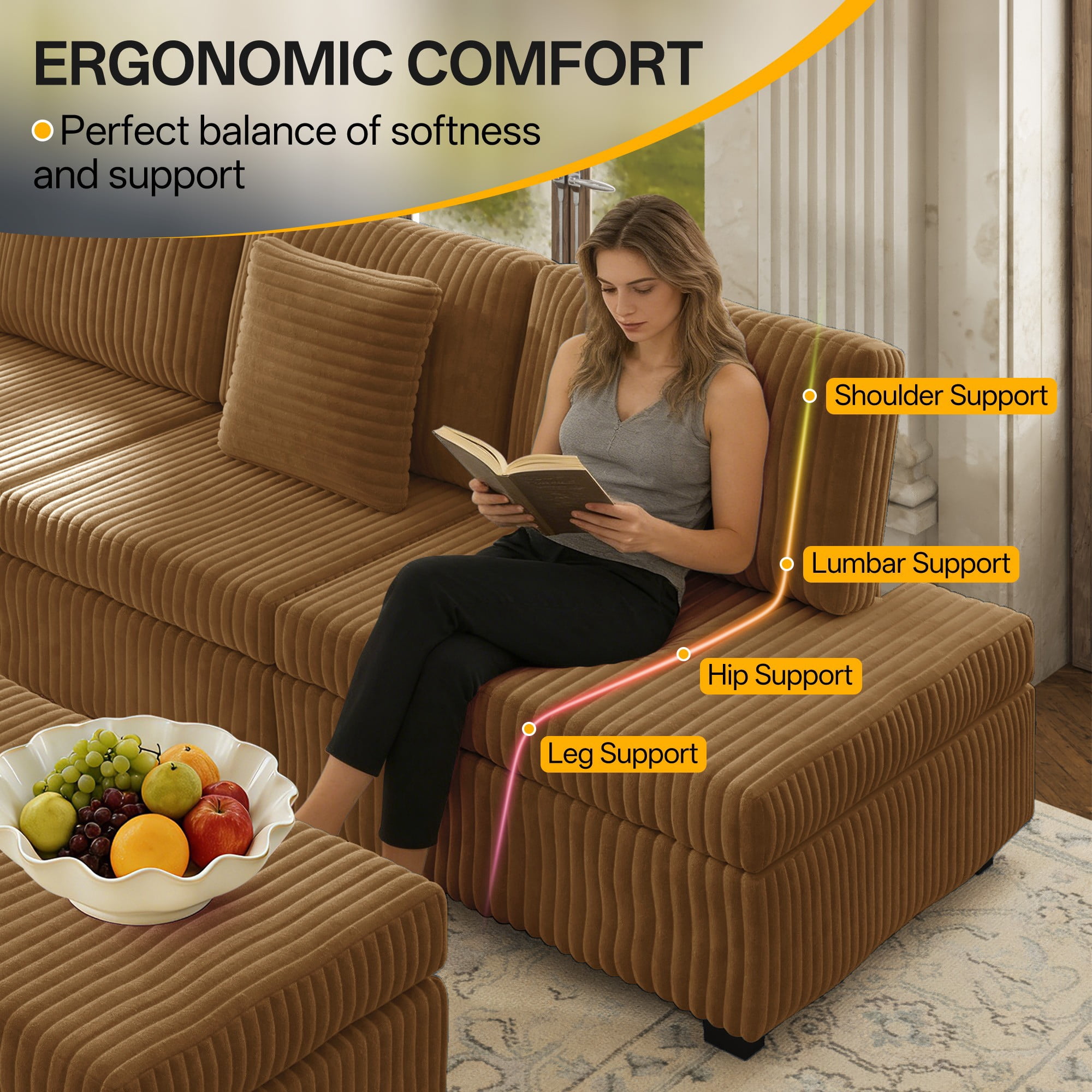 LLappuil 110" Sectional Sofa, Modular Sectional Couch Convertible Sofa Bed, 7 Seat Corduroy Sofa Couch with Movable Ottoman, Hidden Armrest Storage & USB Charging Ports Camel