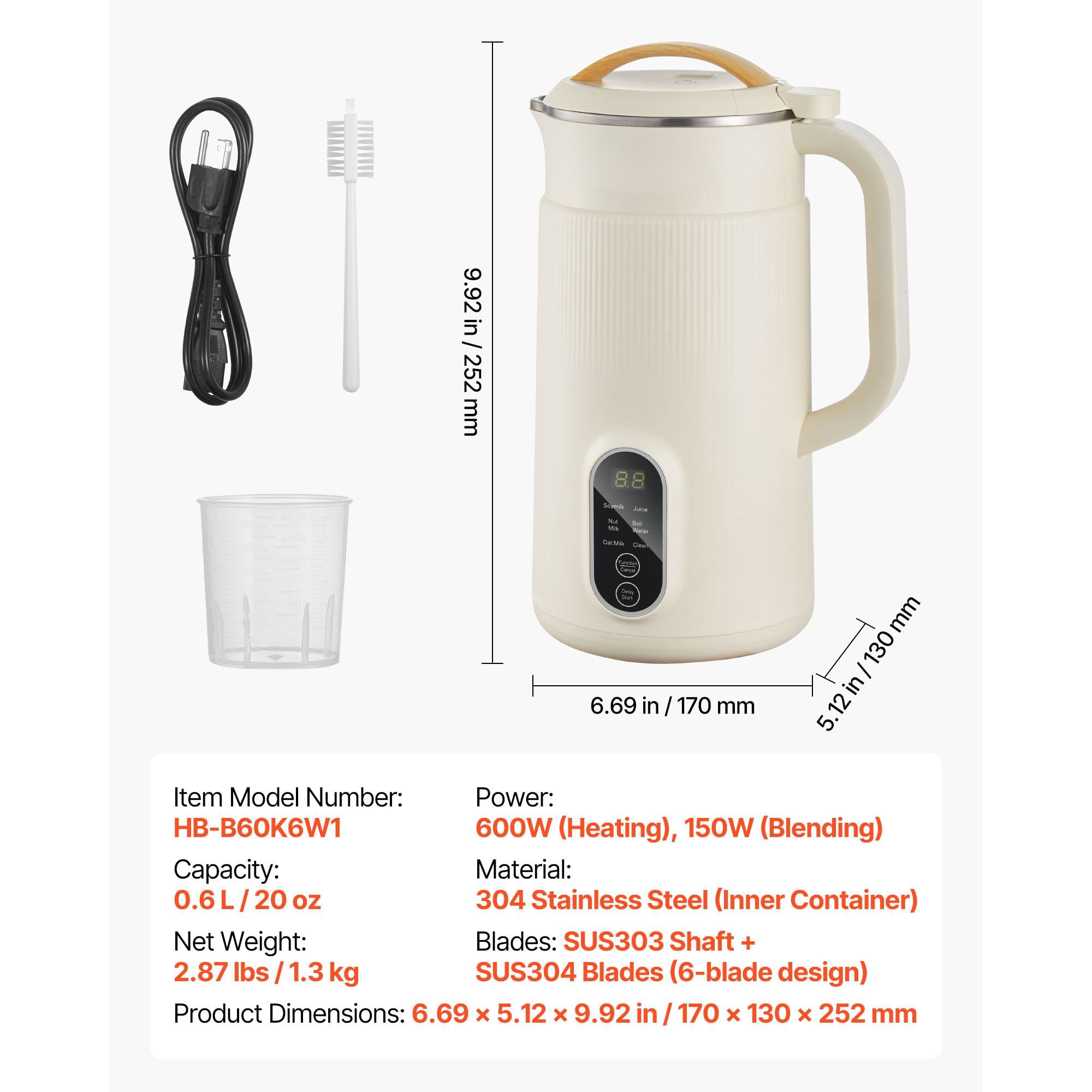 Nut Milk Maker 6-in-1 20oz Capacity 6 Stainless Steel Blades 70dB Low Noise 12H Timer Self-Cleaning for Soy Nut Oat Milk