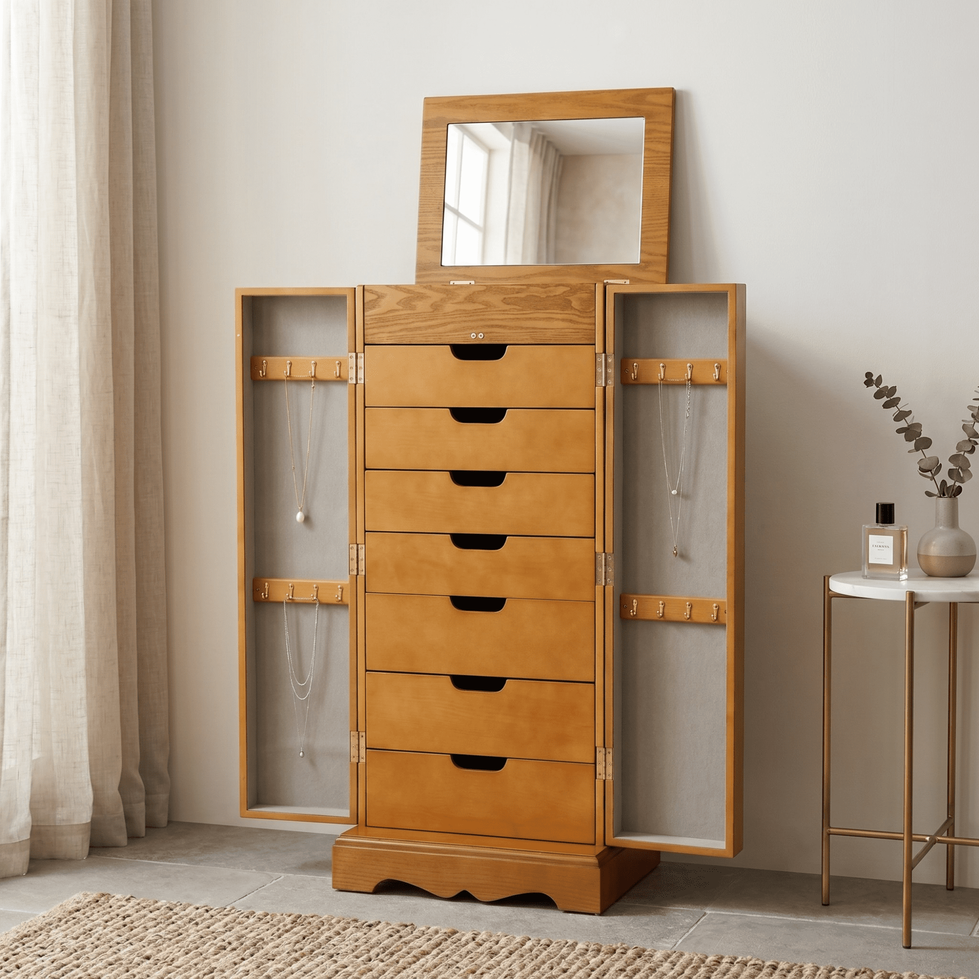 Hives & Honey Women's Chelsea Wood Jewelry Storage Armoire with Mirror Doors in Walnut