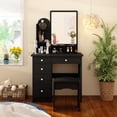 thumbnail image 1 of MONSLIPA Vanity Set with Mirror, Makeup Dresse Table with 5 Drawers and Open Shelves, Cushioned Stool ( Black ), 1 of 6