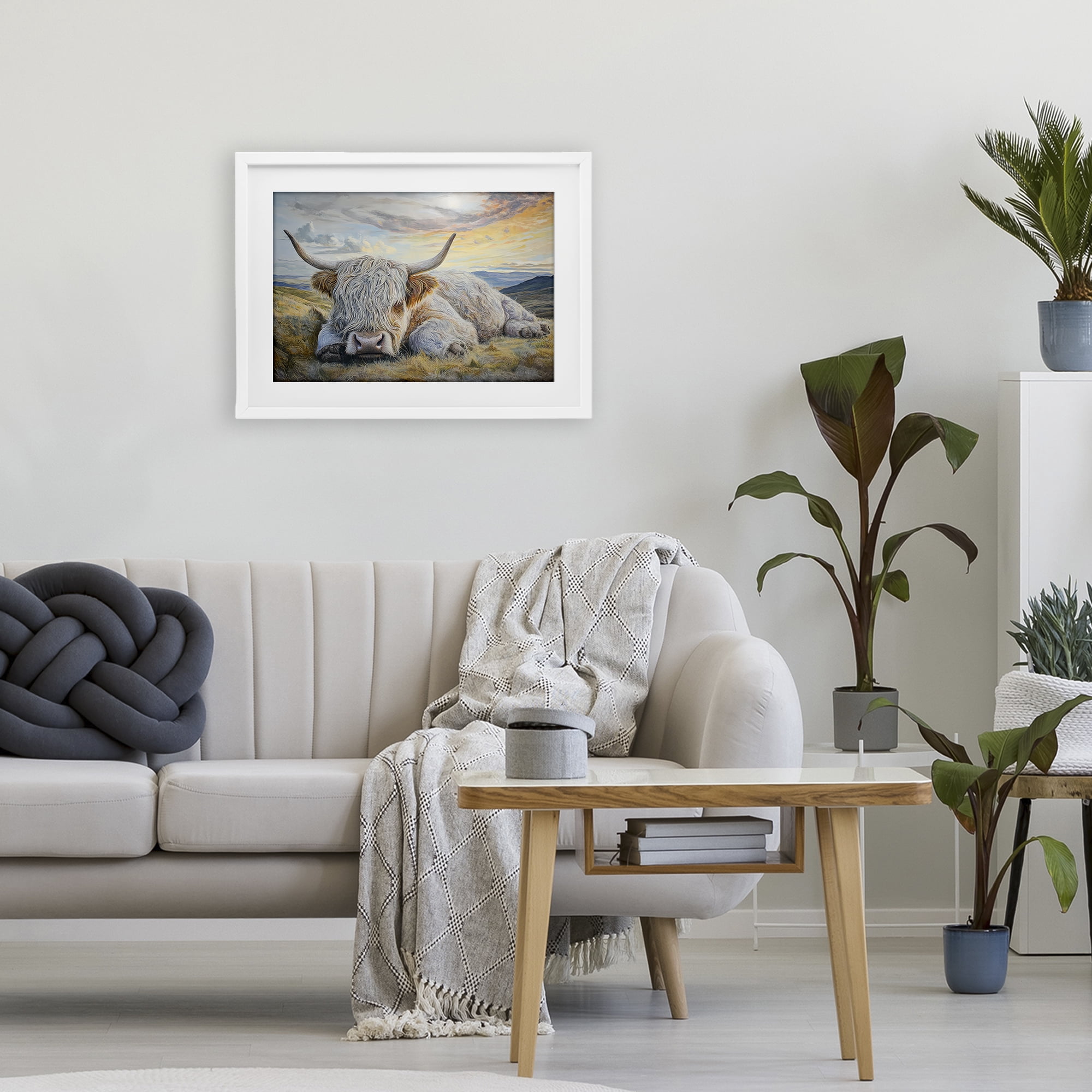 Stupell Industries Sleeping Highland Cow Pastoral White Framed Print Under Glass, design by The Wands Want