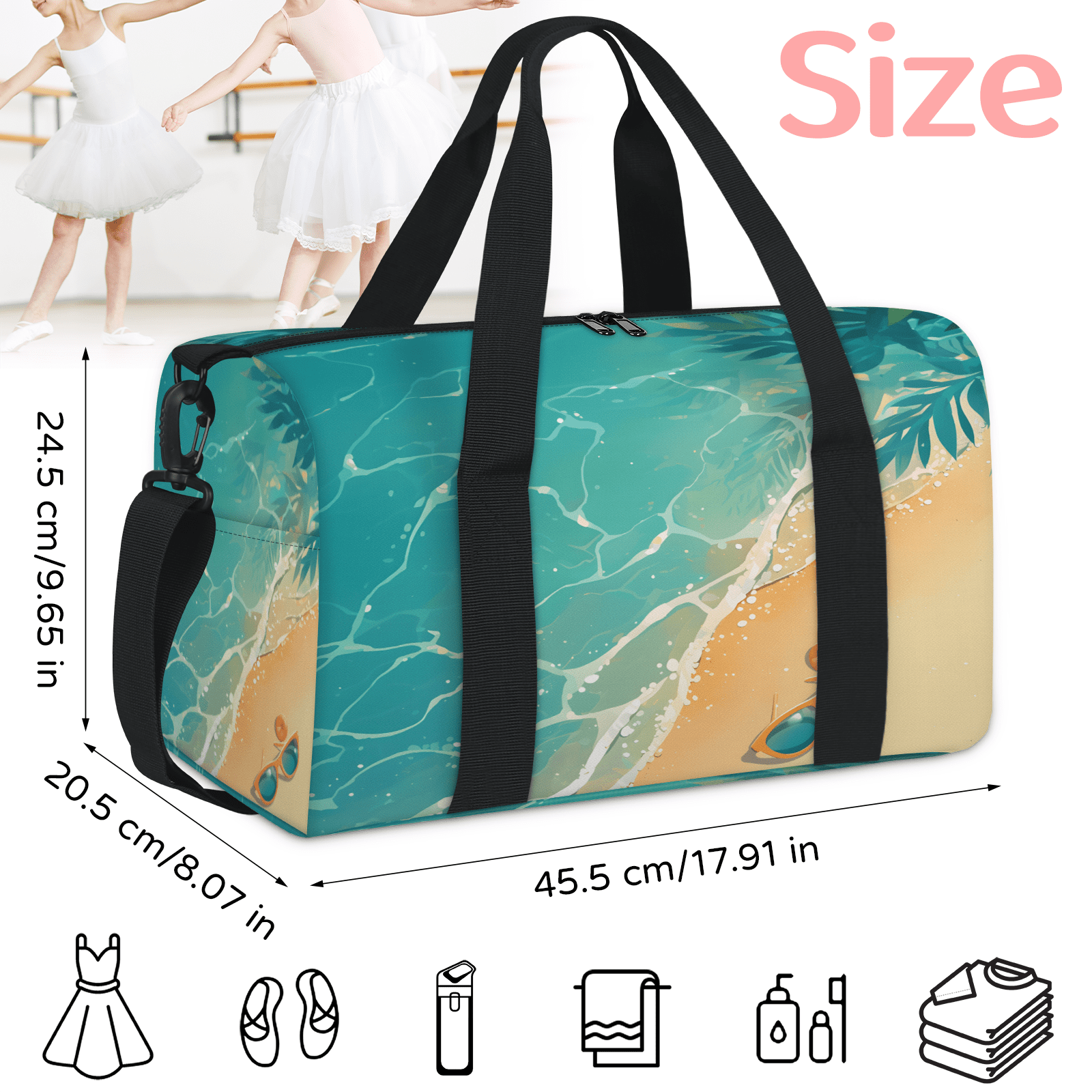 Herdesigns Ocean Gym Bag for Women, Duffle Bag for Travel Sport, Tropical Island Coastal Lightweight Waterproof Carry on Weekender Dance Yoga Workout Bags