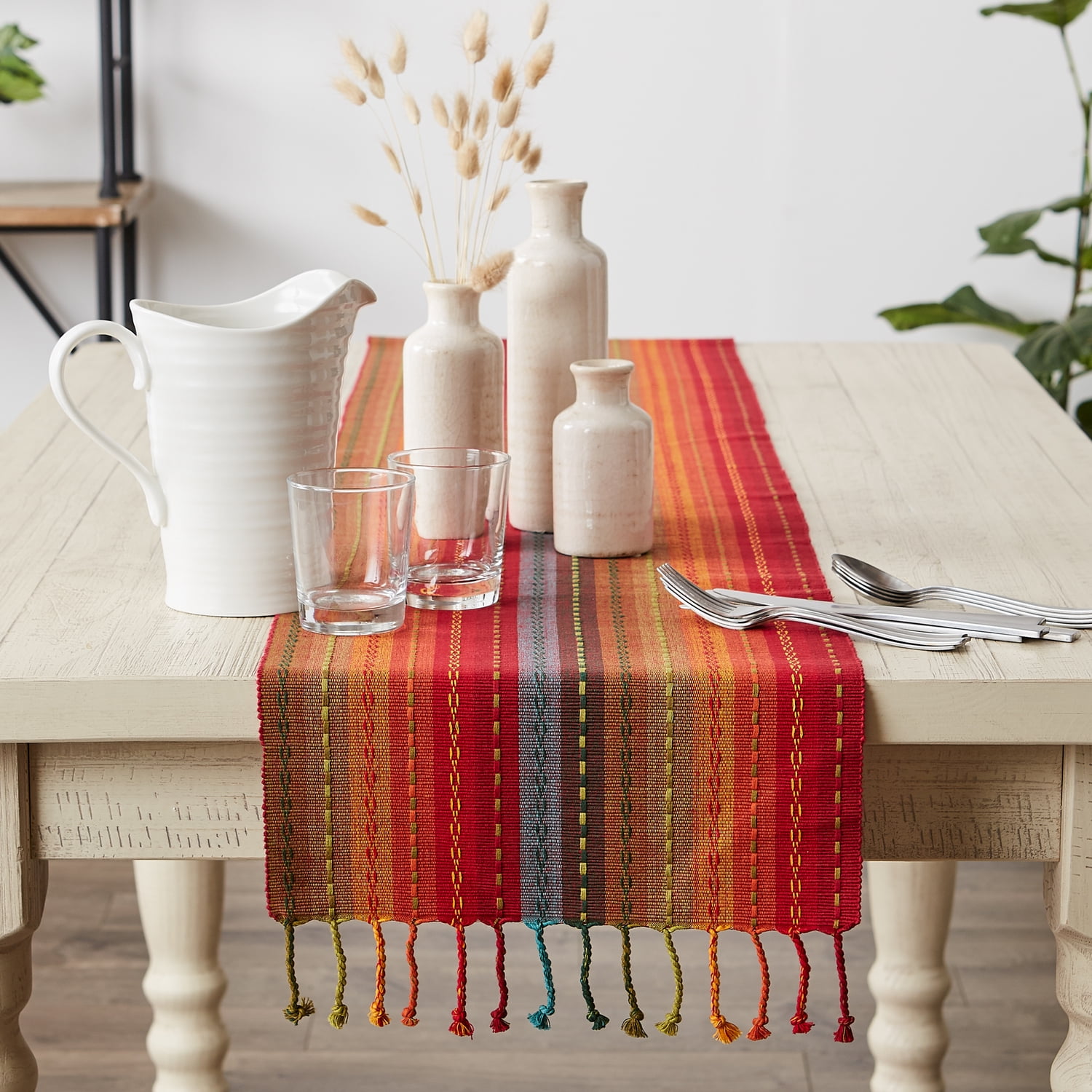 Spice Tonal Stripe With Fringe Table Runner