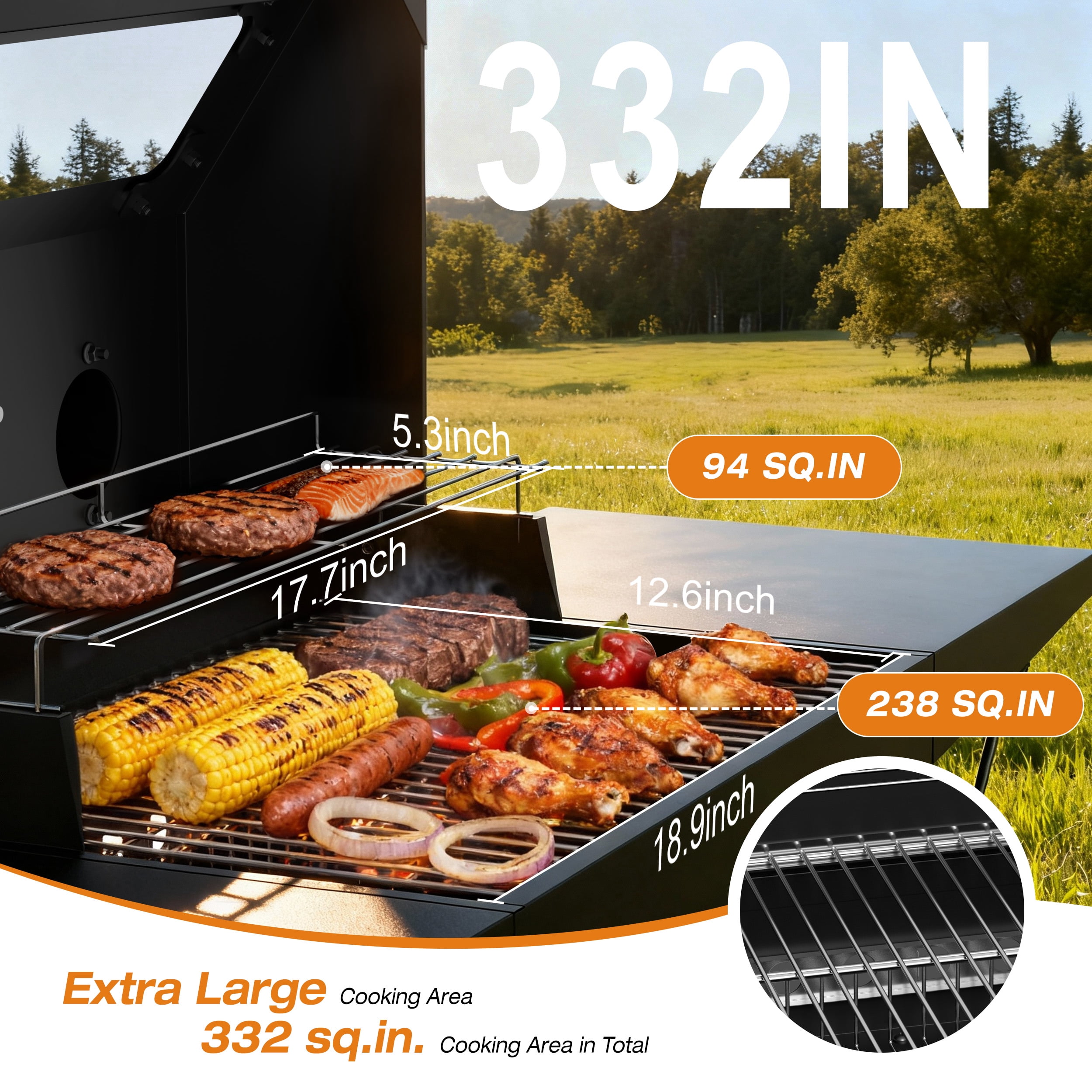 KOBENDA 20 inch Charcoal Grill with Side Tables & Glass Viewing Window, Outdoor BBQ Grill for Backyard , Black