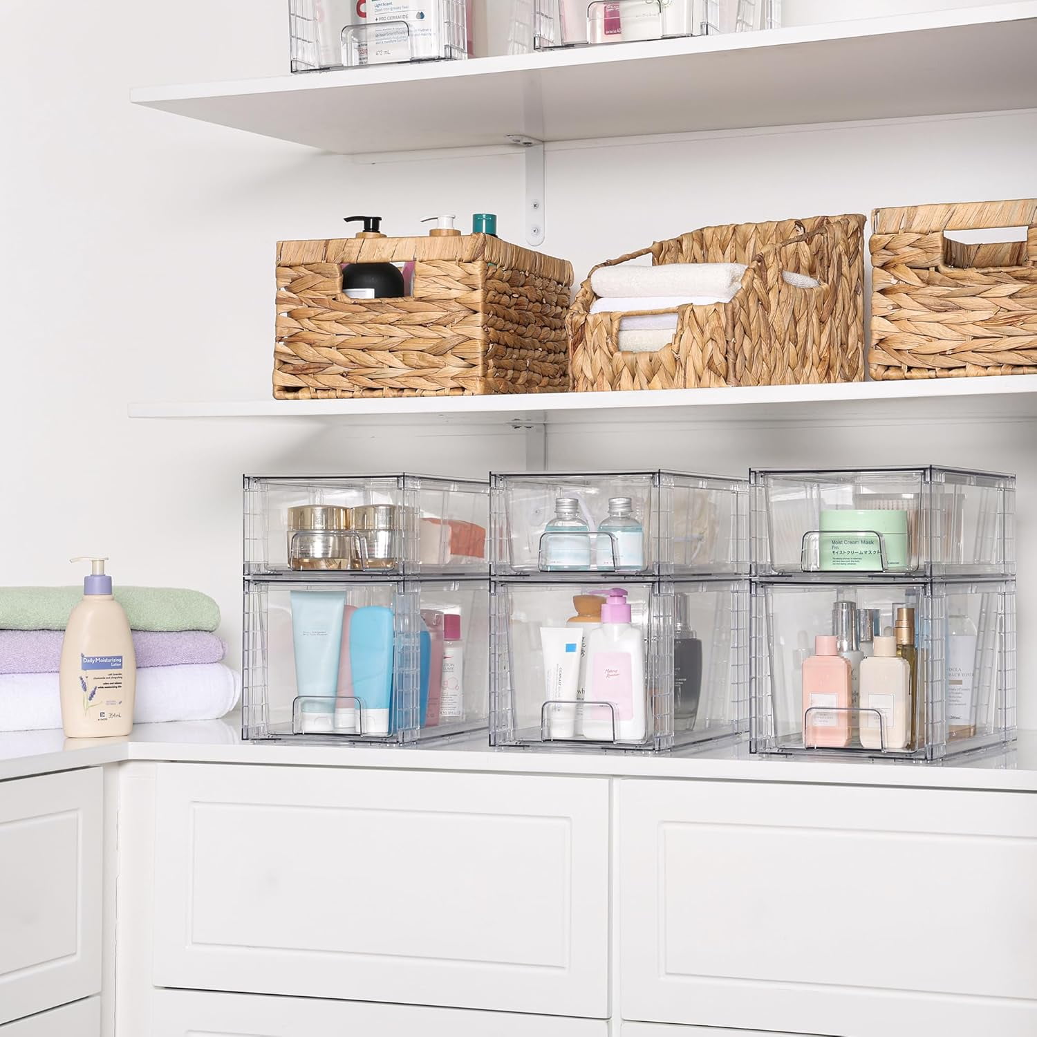 4-Pack Clear Stackable Storage Drawers with Handles - Easy-Assemble Organizers for Bathroom Under Sink, Kitchen Pantry & Cabinet