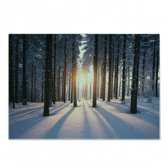 Winter Cutting Board, Appearance of Sunset in Woodlands with Freezing Idyllic Nature Scenery, Decorative Tempered Glass Cutting and Serving Board, Small Size, Brown White, by Ambesonne