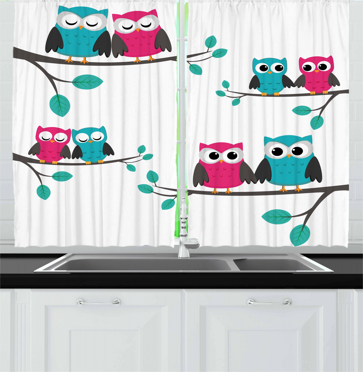 Nursery Curtains 2 Panels Set, Couples of Owls Sitting on Spring Branches Cute Funny Cartoon Characters, Window Drapes for Living Room Bedroom, 55W X 39L Inches, Turquoise Blue Pink, by Ambesonne