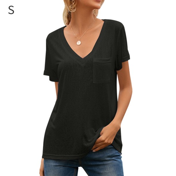 Camiseta con cuello en V Blusa de verano Color sólido Manga corta Mujer suelta Top, S, Negro Vogacara AP001219-01