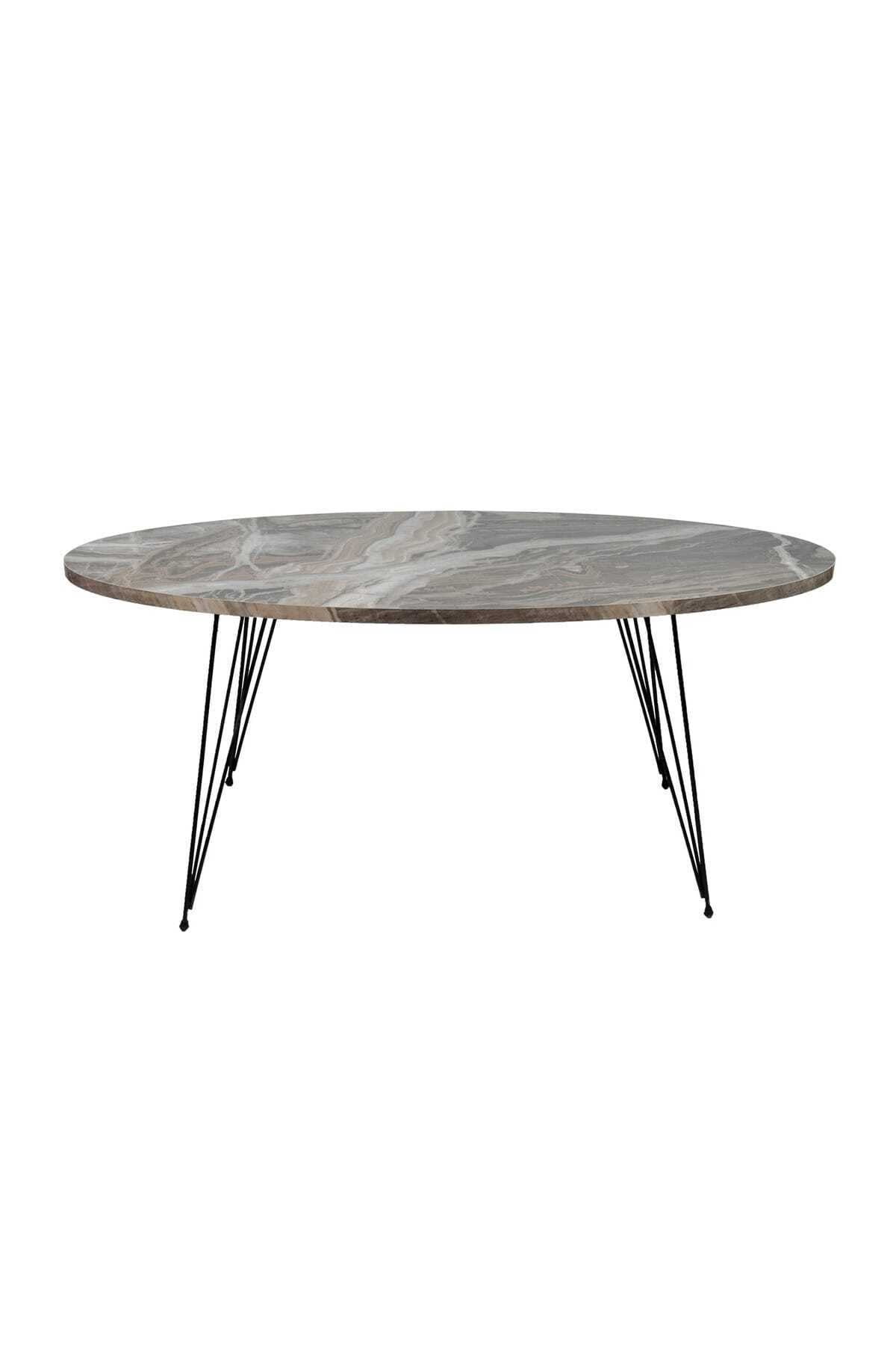 Gray Marble Oval Coffee Table with Black 3-Rod Metal Legs,Faux Marble ...
