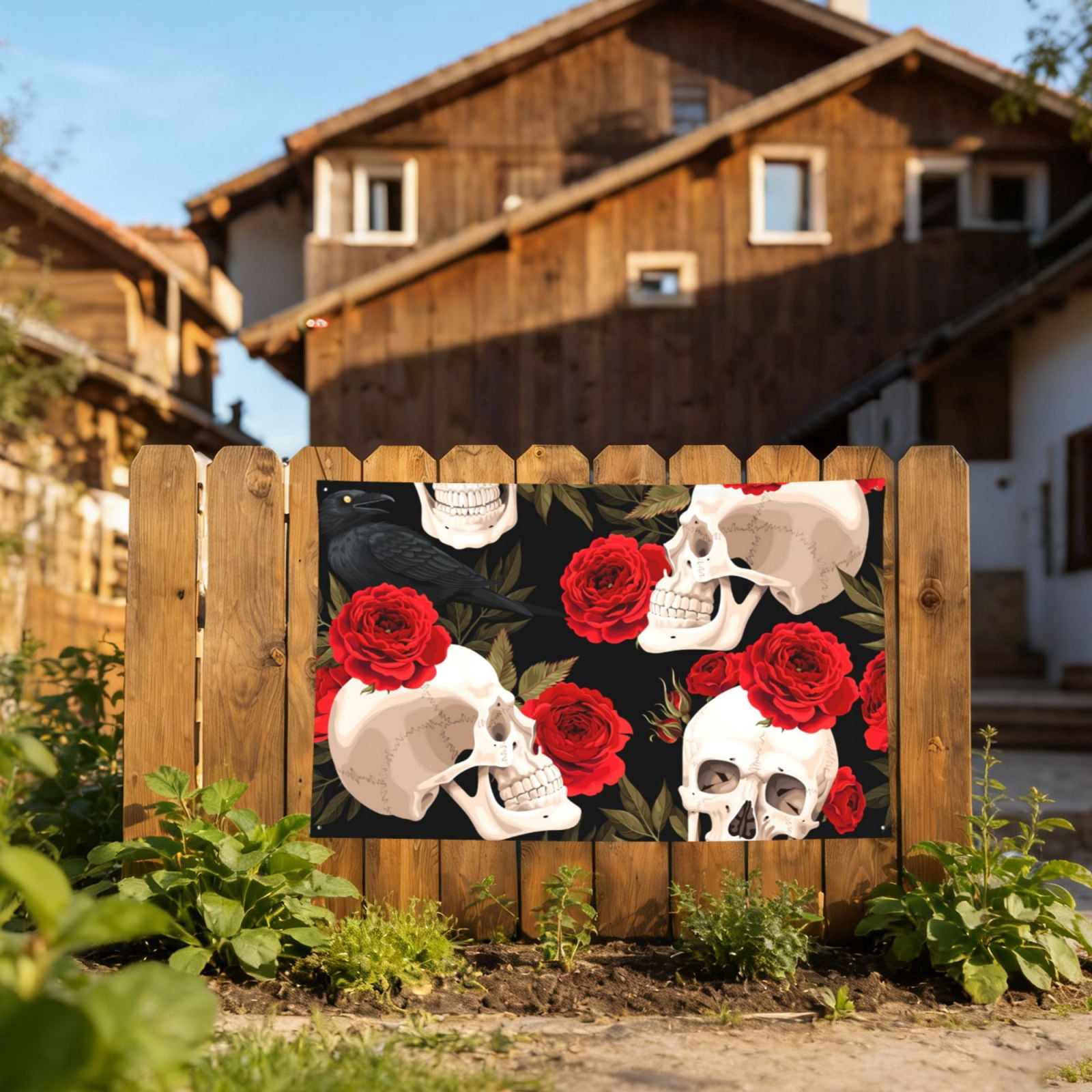Skulls Red Roses Raven Four Hole Decorated Banner Flag for Garden Yard Home Decoration Indoor Outdoor 4x6 Ft