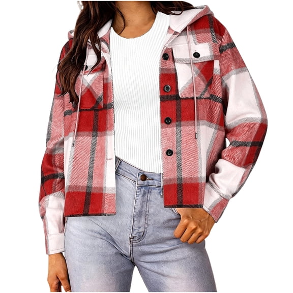 Maplenight Plaid Hooded Jackets for Women Button Down Flannel Shacket Jacket Casual Drawstring Cropped Coat for Fall Winter