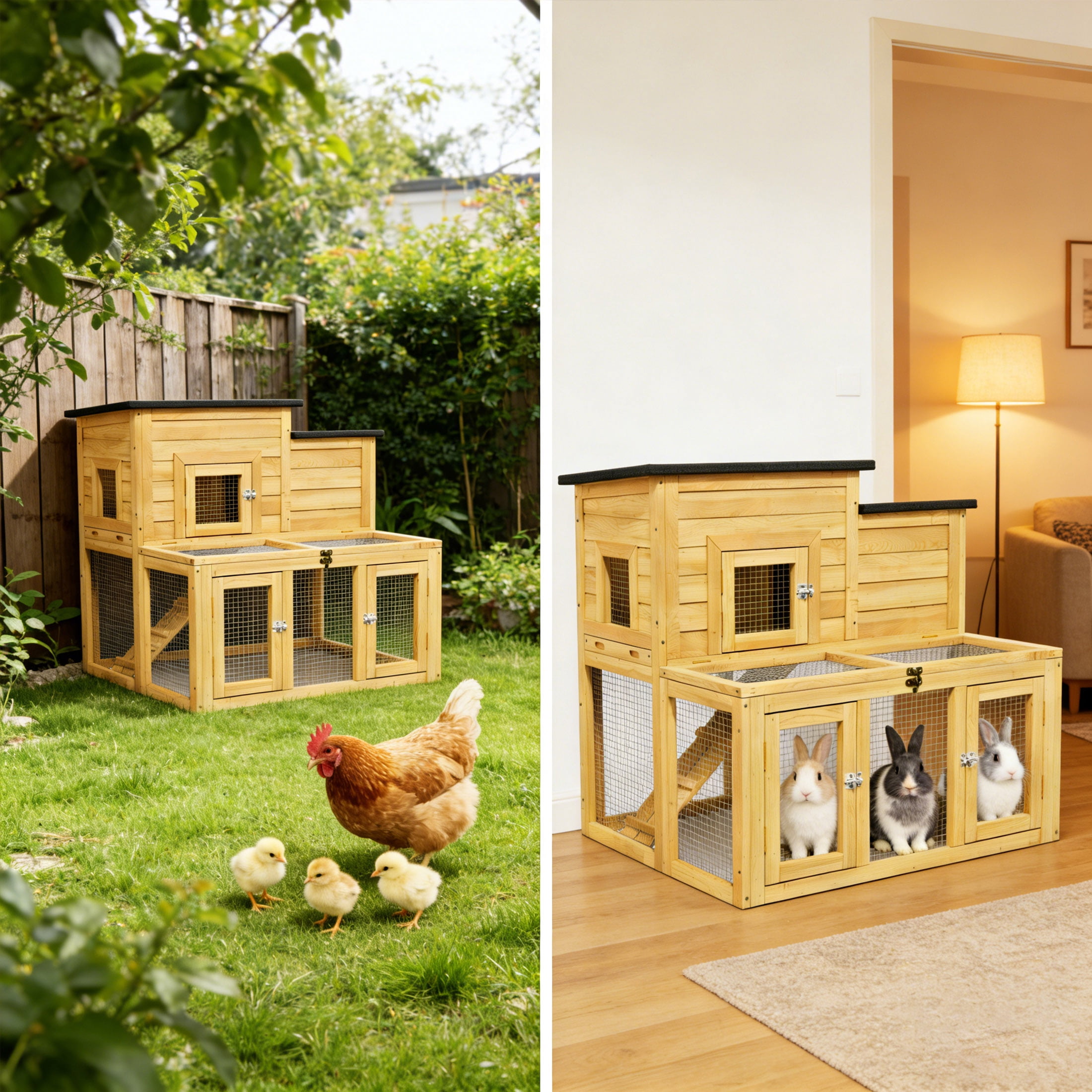 Outdoor 2 Story Wooden Rabbit Hutch with 2 Openable Asphalt Roofs, Indoor Guinea Pig Hideout with Wire Mesh and Tray,Yellow