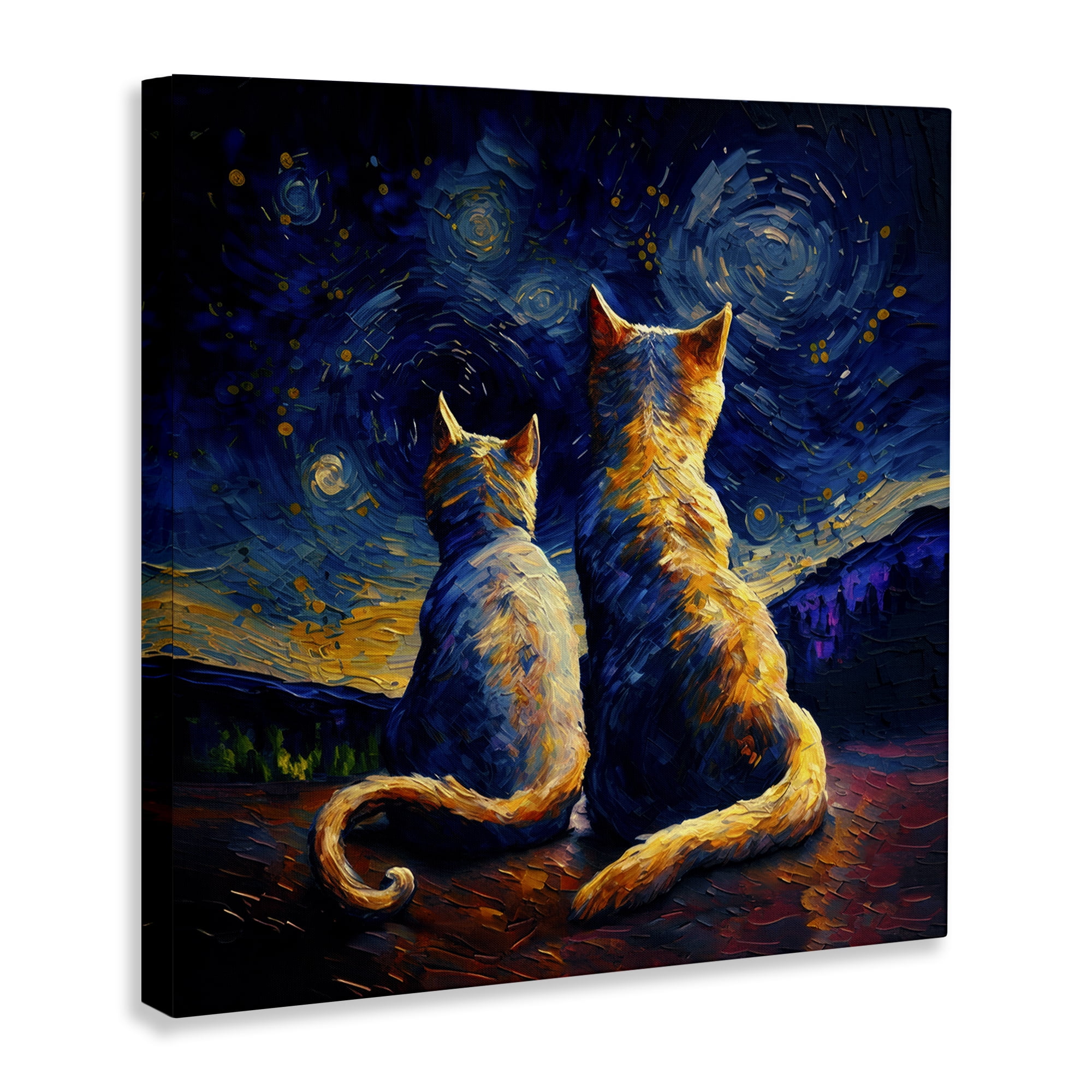 Stupell Industries Swirled Night Sky Cats Animals Painting Wrapped Canvas Art Print Wall Art, 17 x 17