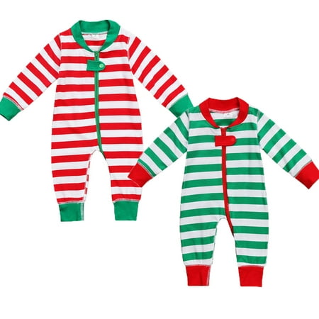 Xmas Baby Boys Girls Christmas Stripe Cotton Romper Sleepwear Pajamas