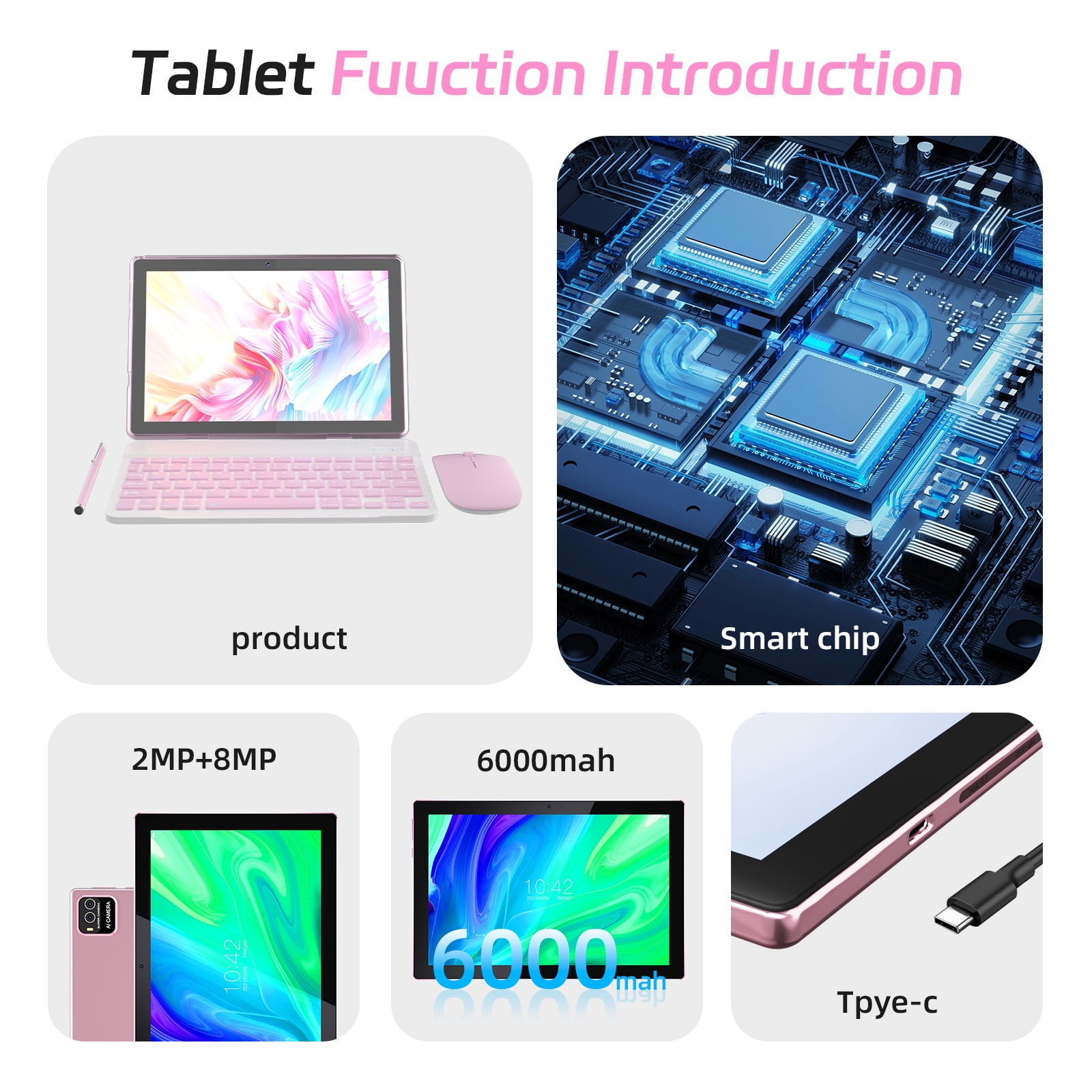 Android 15 Tablet, 10 inch 2 in 1 Tablets with Keyboard, 12GB RAM 64GB ROM 1TB Expand, Quad-Core 2.0Ghz CPU, 5G WiFi 6, BT5.0, 1280x800 HD Touchscreen, 6000mAh, Widevine L1, GMS Tablet, Pink