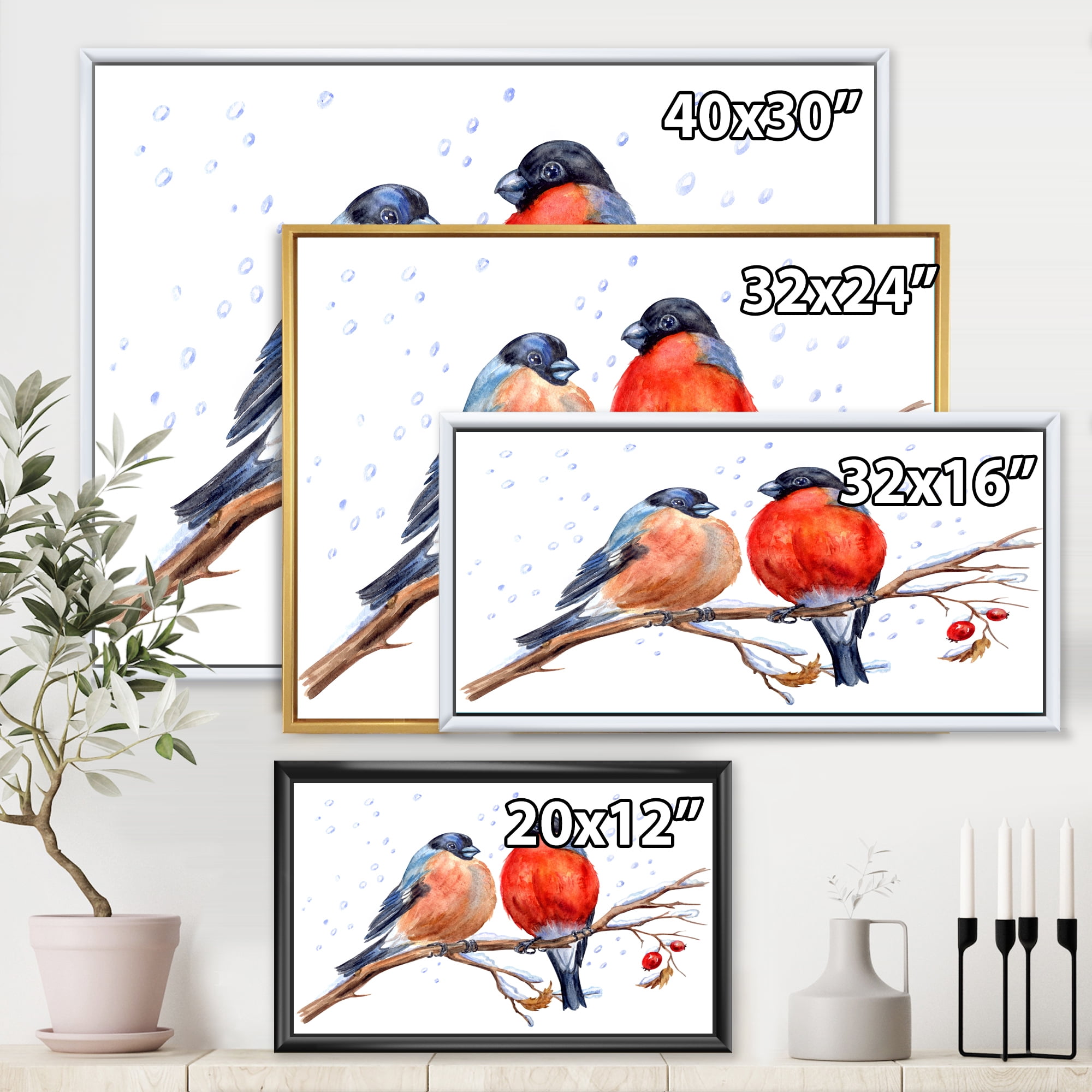 Designart 'Two Bullfinches On A Hawthorn Branch with Snowfall In Winter' Traditional Framed Canvas Wall Art Print
