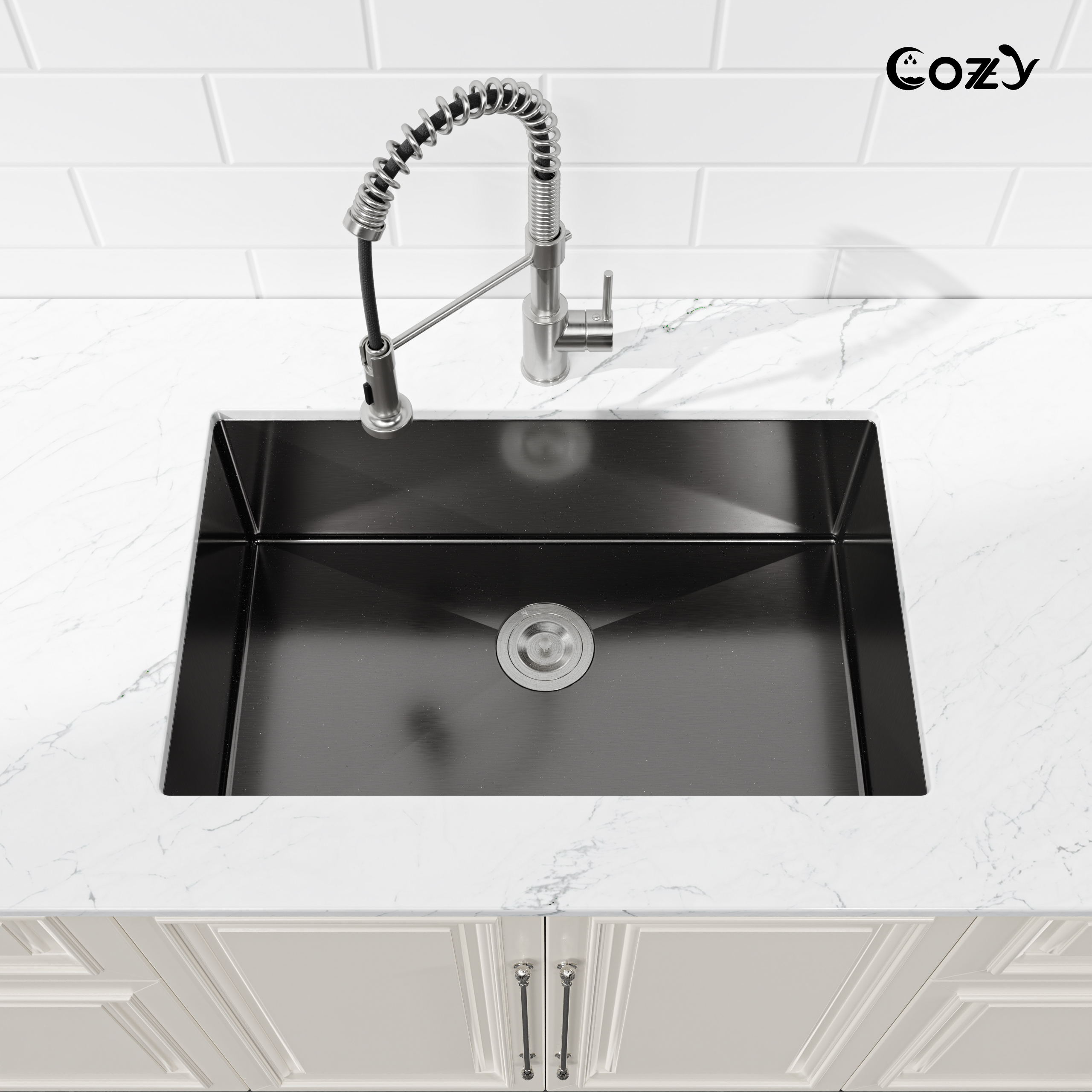 COZY 30″x19″ Stainless Steel Kitchen Sink, Single Bowl, Undermount Handmade Sink in Brushed Nickel, with US Standard Drain and Hook, SS-BL04D-301908