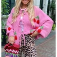 thumbnail image 6 of Womens Tie Front Cardigan Cute Cherry Open Front Y2k Sweater Oversized Chunky Knit Cardigan Tops Rose Pink XL, 6 of 10