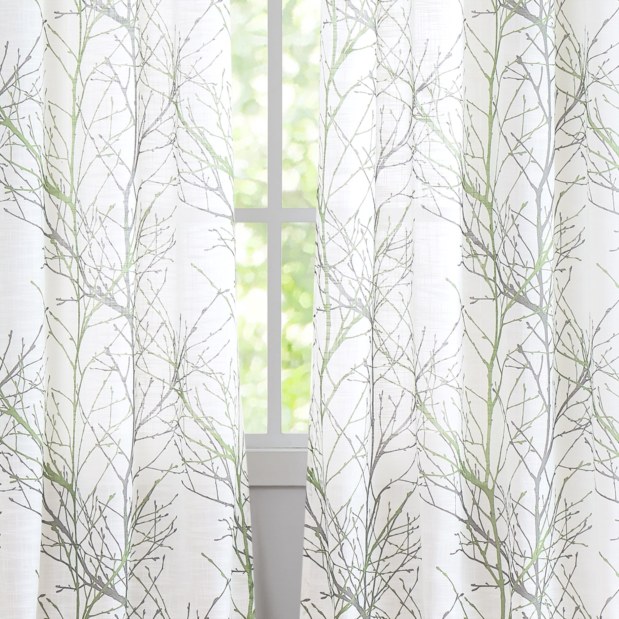 Decoultimatex White Semi Sheer Curtains Green and Grey Branches Printing on Linen Textured White Window Treatment Panels for Living Room Bedroom Drapes, 50"x96"x2