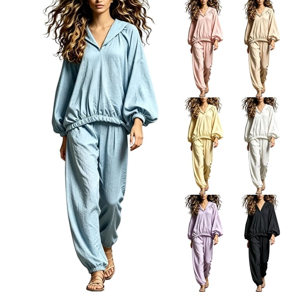 QSXADF Fall 2 Piece Sweatsuits Women Casual Tracksuit Set V Neck Puff Sleeve Long Sleeve Top Pants Set Fashion Casual Women Fall Winter Outfits