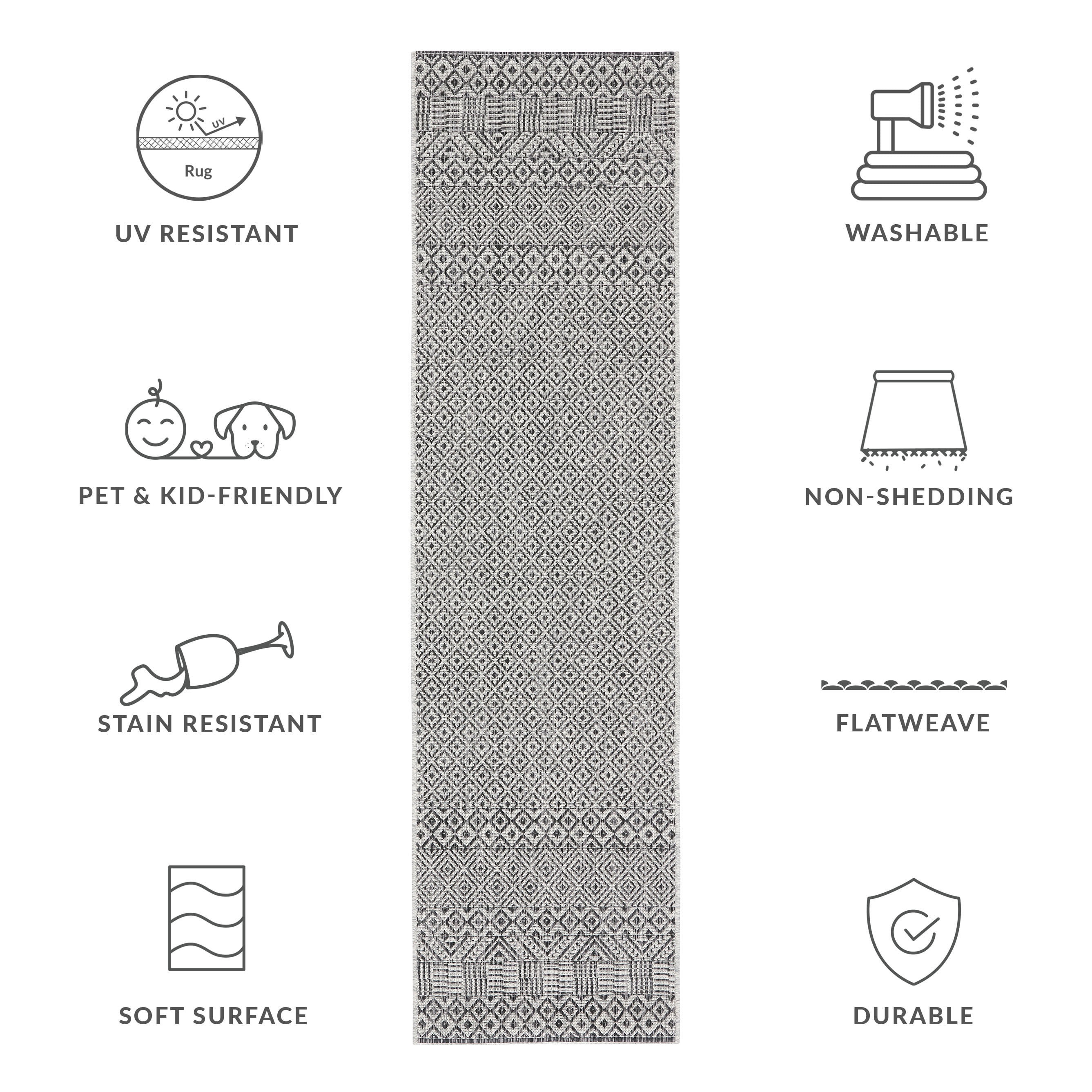 SAFAVIEH Courtyard Evander Geometric Indoor/Outdoor Runner Rug, Gray/Black, 2'3" x 8'