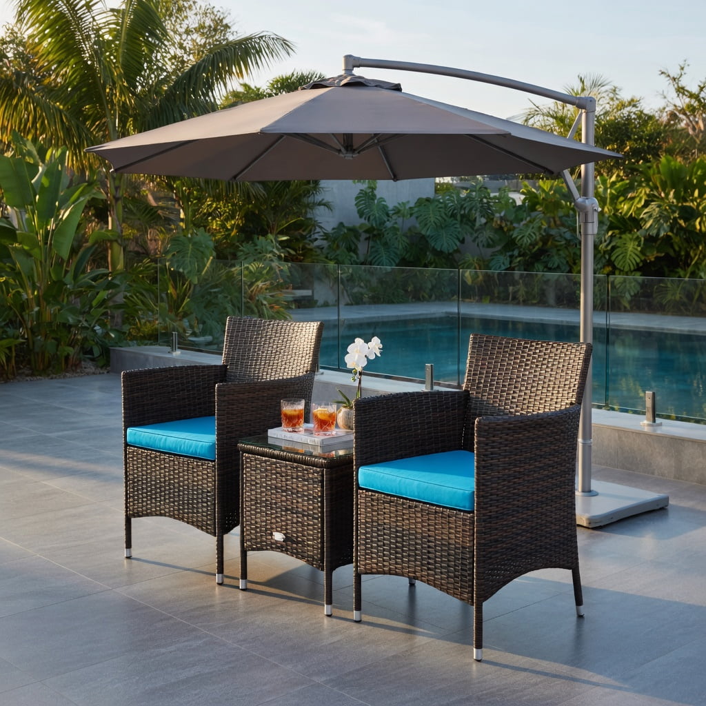 Hommoo 3-Piece Outdoor Wicker Patio Furniture Set with Cushions, PE Rattan Chairs & Tempered Glass Coffee Table for Backyard, Poolside, or Garden, Turquoise