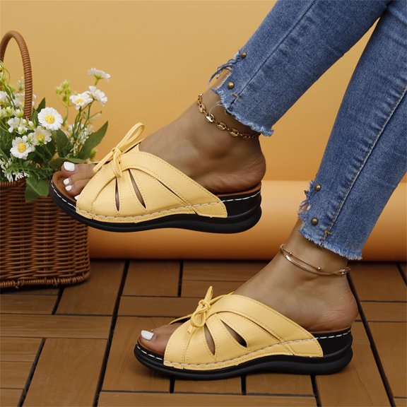NOKIO Orthopedic Wedge Sandals Women Trendy Women'S Fashion Slippers Women's Beach Slope Heel Slippers Hollow Casual Slippers Slope Bottom Shoes Retro Sandals