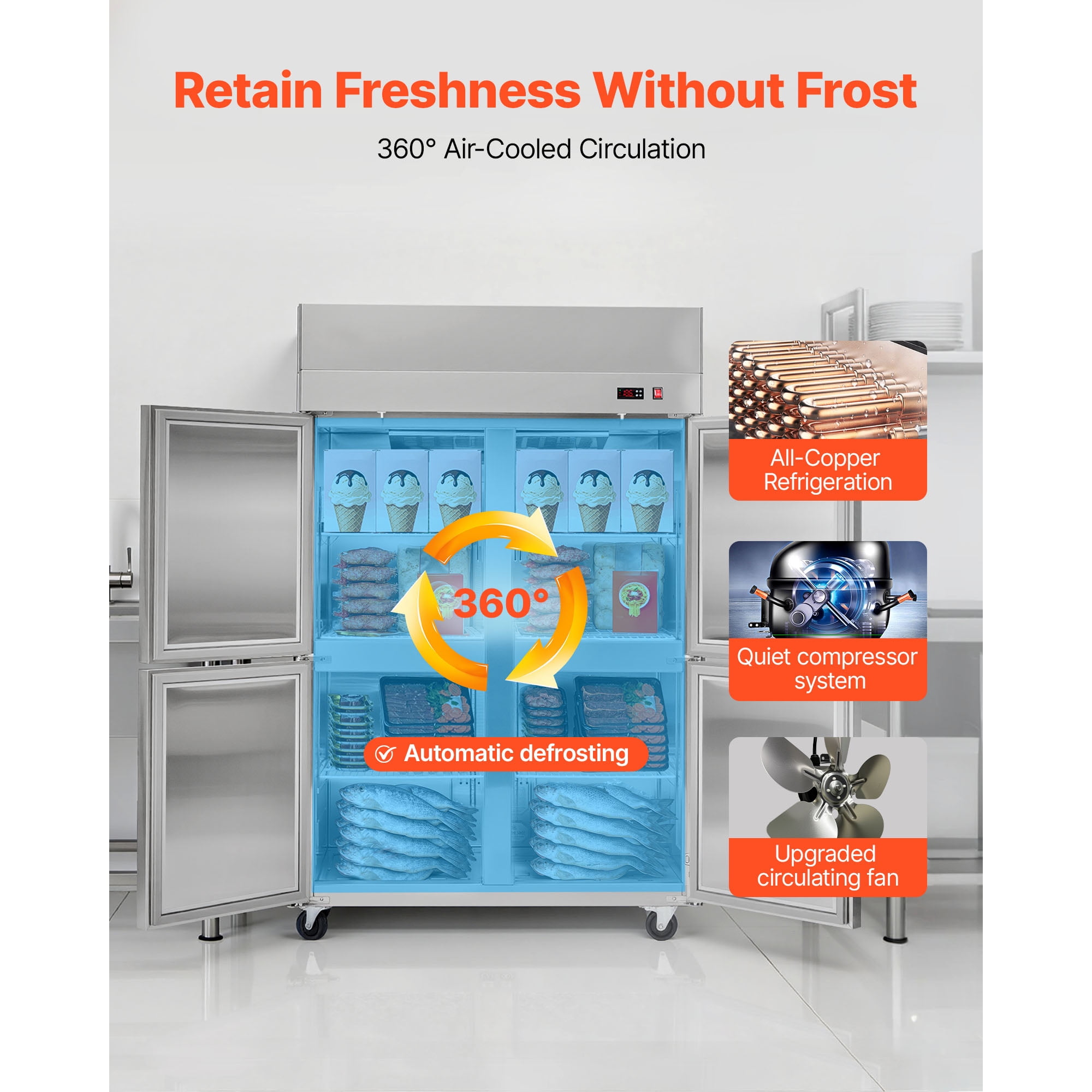 KFFKFF Commercial Upright Freezer, 47.64 in Wide Four-Door Design, 31.4 Cu.ft Capacity with Auto-Defrost, Stainless Steel Build, 6 Adjustable Shelves, -11 to 14℉ Temperature Range, LED Lighting
