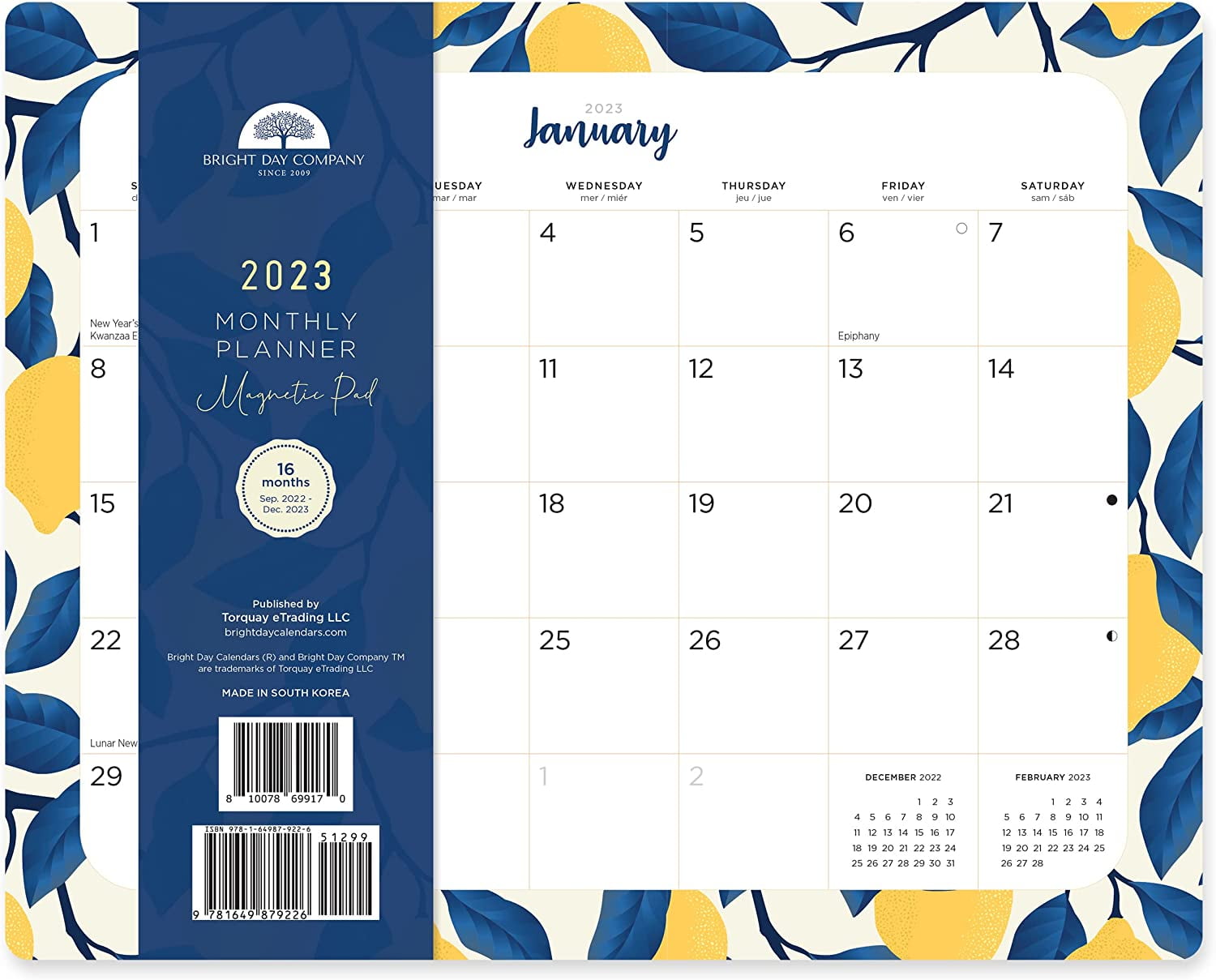 2023 Magnetic Refrigerator Calendar Wall Calendar Pad by Bright Day, 16 Month 8 x 10 Inch, Blue Lemon