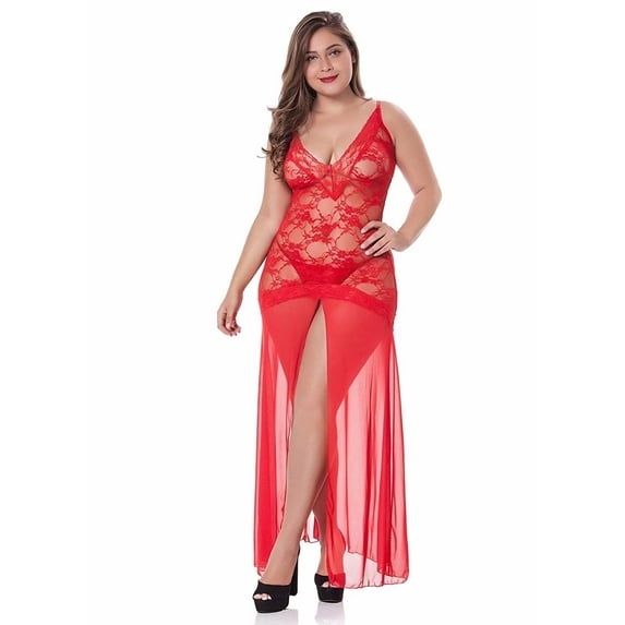 LINGERLOVE Women's Plus Size Lingerie Sexy Split Maxi Long Nightgown Sheer Dress