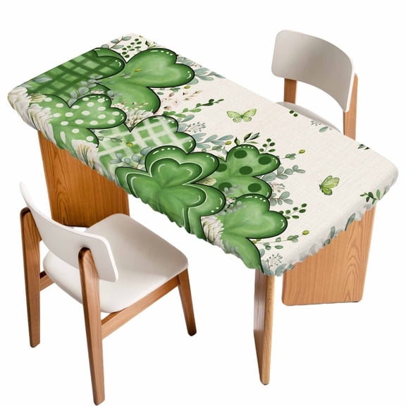 St. Patrick's Table Cloths for 4 Foot Rectangle Tables, Luck Shamrock Eucalyptus Leaves Flowers Beige Patio Waterproof Elastic Fitted Tablecloths, Washable Rectangular Table Cover for Camping