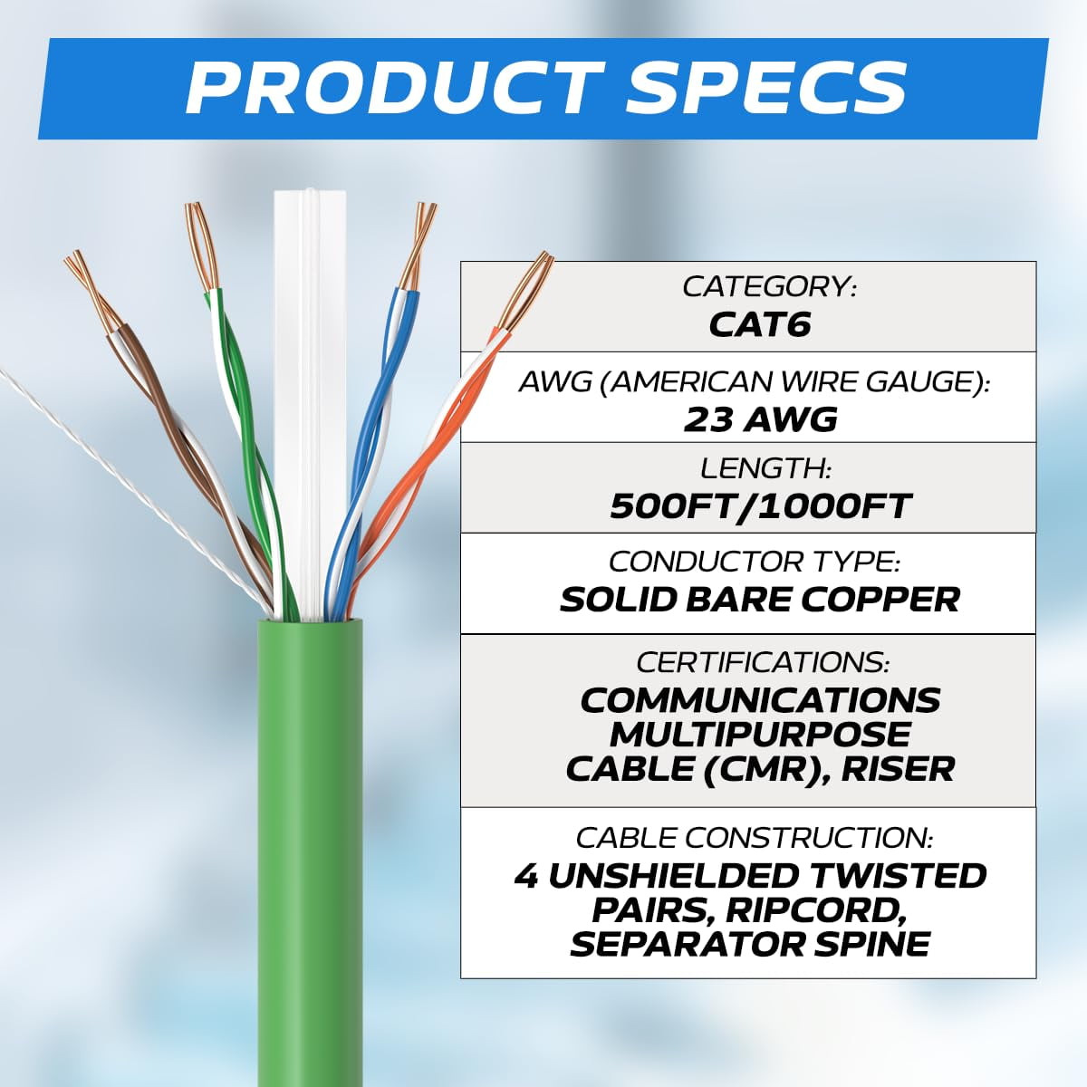 Cables Direct Online 1000FT Cat6 Solid Bare Copper 23AWG Bulk Ethernet Cable, CMR ETL Riser, 550MHz POE (Power Over Ethernet) Wire – Green