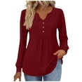 thumbnail image 3 of HVOBTTY Women's Long Sleeved T Shirt, Fall and Winter Tops for Women, Women's Casual Solid Color Long Sleeve V Neck Loose Button Lightweight T Shirt Wine, Wine, 3 of 5