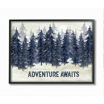 Stupell Industries Adventure Awaits Quote Blue Pine Tree Forest Scene Framed Wall Art Design by Cindy Jacobs, 16" x 20", Black Framed