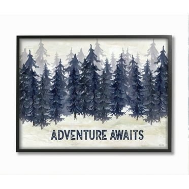 Stupell Industries Adventure Awaits Quote Blue Pine Tree Forest Scene Framed Wall Art Design by Cindy Jacobs, 16" x 20", Black Framed