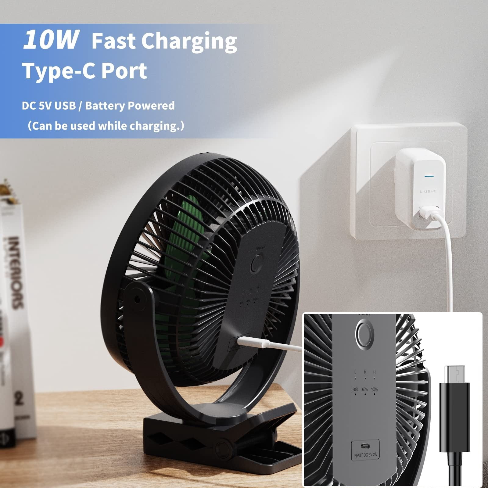 Clip Fan, 8 Inch Mini Quiet Desk Fan, 10000mAh USB Rechargeable Battery Operated Clip on Fan, USB Desk Fan, Portable Personal Small Fan For Desk, Office,Golf Cart