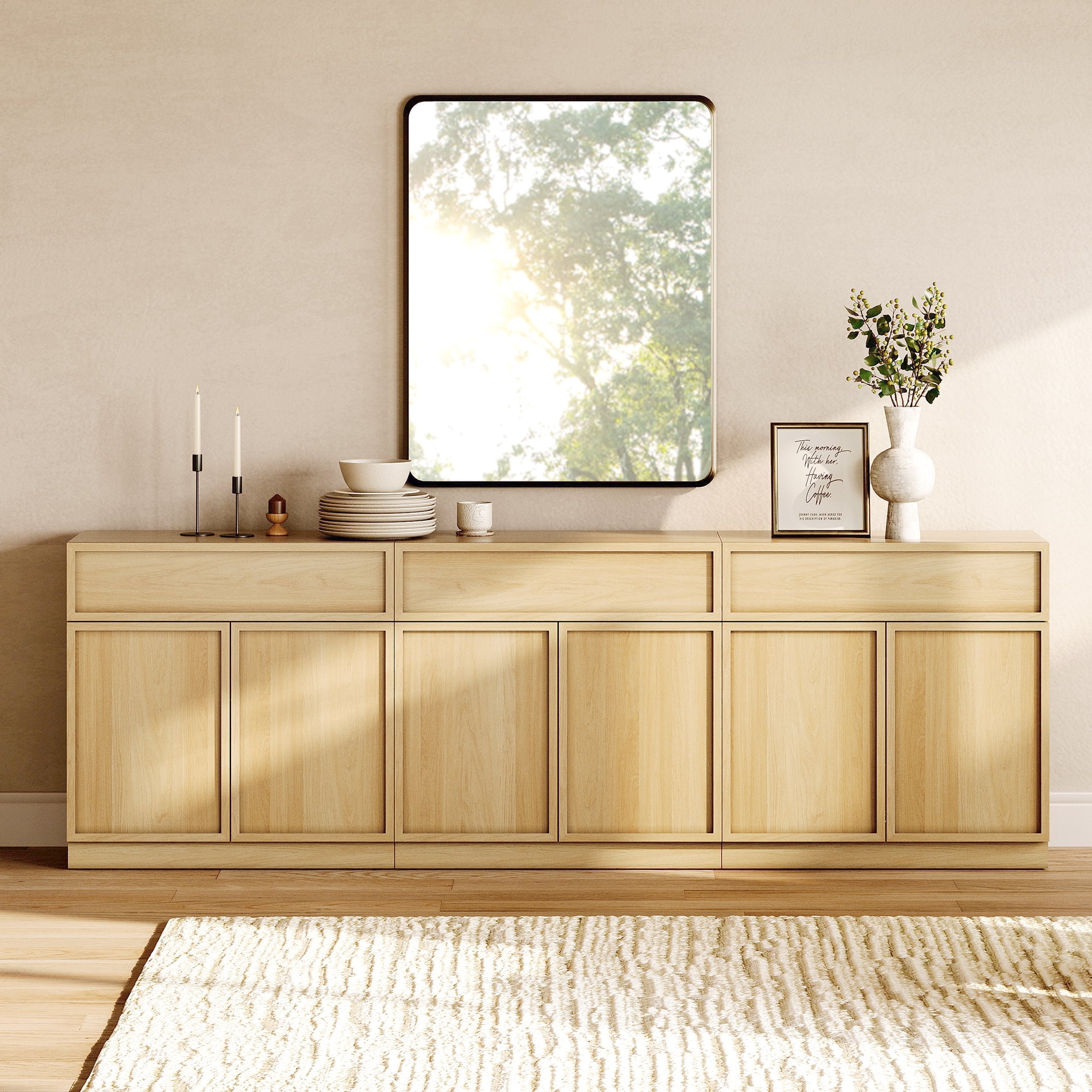 94.5" Modern Sideboard Buffet Cabinet with 6 Doors and Drawers, Multifunctional Sideboard with Large Storage and Adjustable Shelf, Oak
