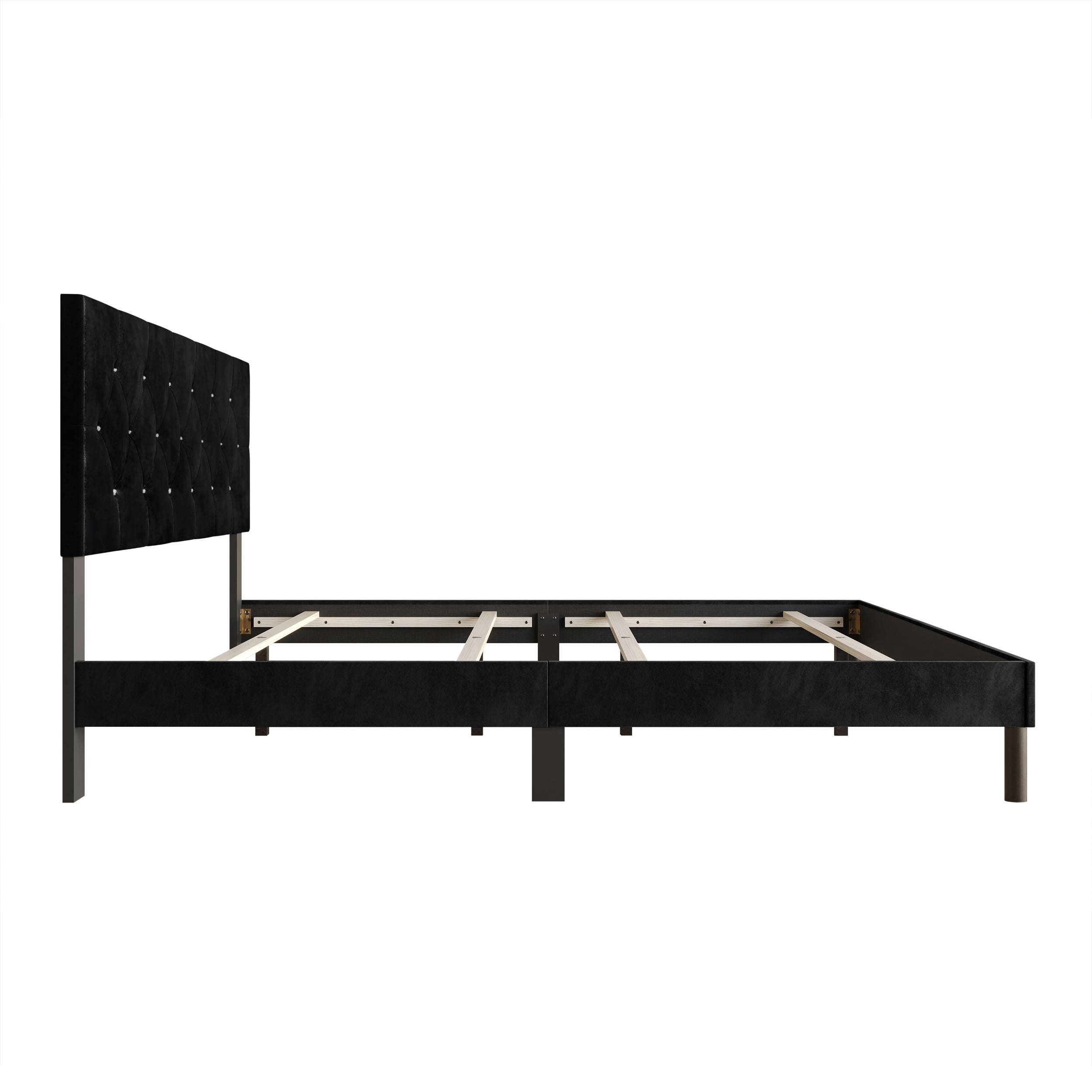 Home Design Groton King Tufted Velvet Upholstered Panel Bed Frame with Button-Tufted Headboard & Wingback Design, Black, Easy Assembly