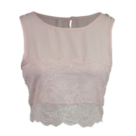 Sleeveless Form Fitting Cropped Top With Mesh Neckline Lace