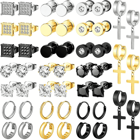 DESIGNICE 24 Pairs Stainless Steel Earrings for Men Hypoallergenic Inlaid Cubic Zirconia Studs Hoop Earring Cross Dangle Earrings Unisex Punk Stud Earring for Women Men