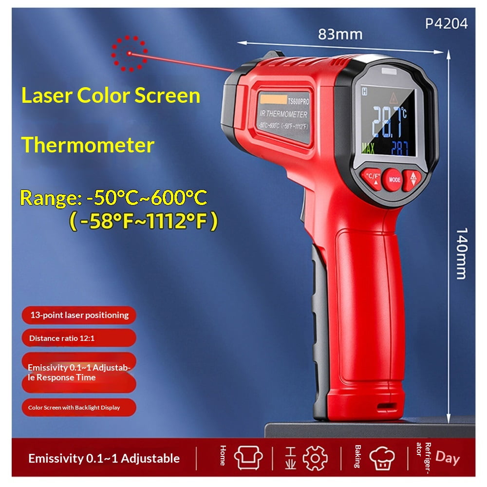 Infrared Thermometer Gun, Laser Thermometer GunNon-Contact Temperature Gun with Adjustable Emissivity&Color Backlight-50℃~600℃（Color screen design）
