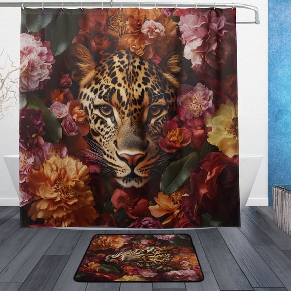 BZSMCE Shower Curtain and Bath Accessory Set,Leopard in Bloom Pattern