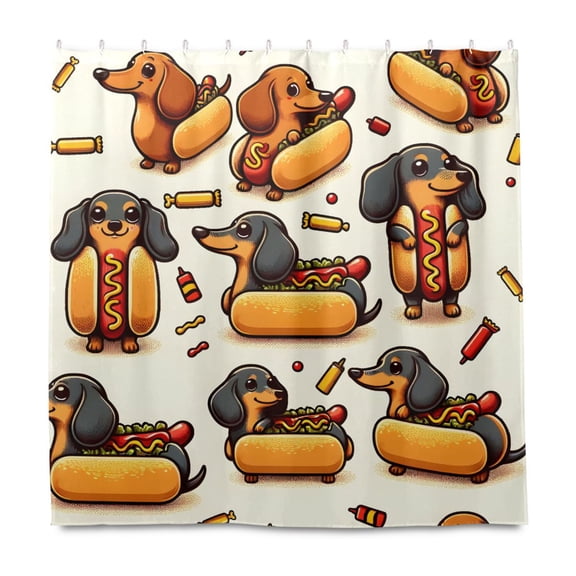 Dailycode Shower Curtain Liners 72x72in Water Resistant Machine Washable Rustproof Grommets Fabric Bath Curtain, Dachshund Dog in Hot Dog