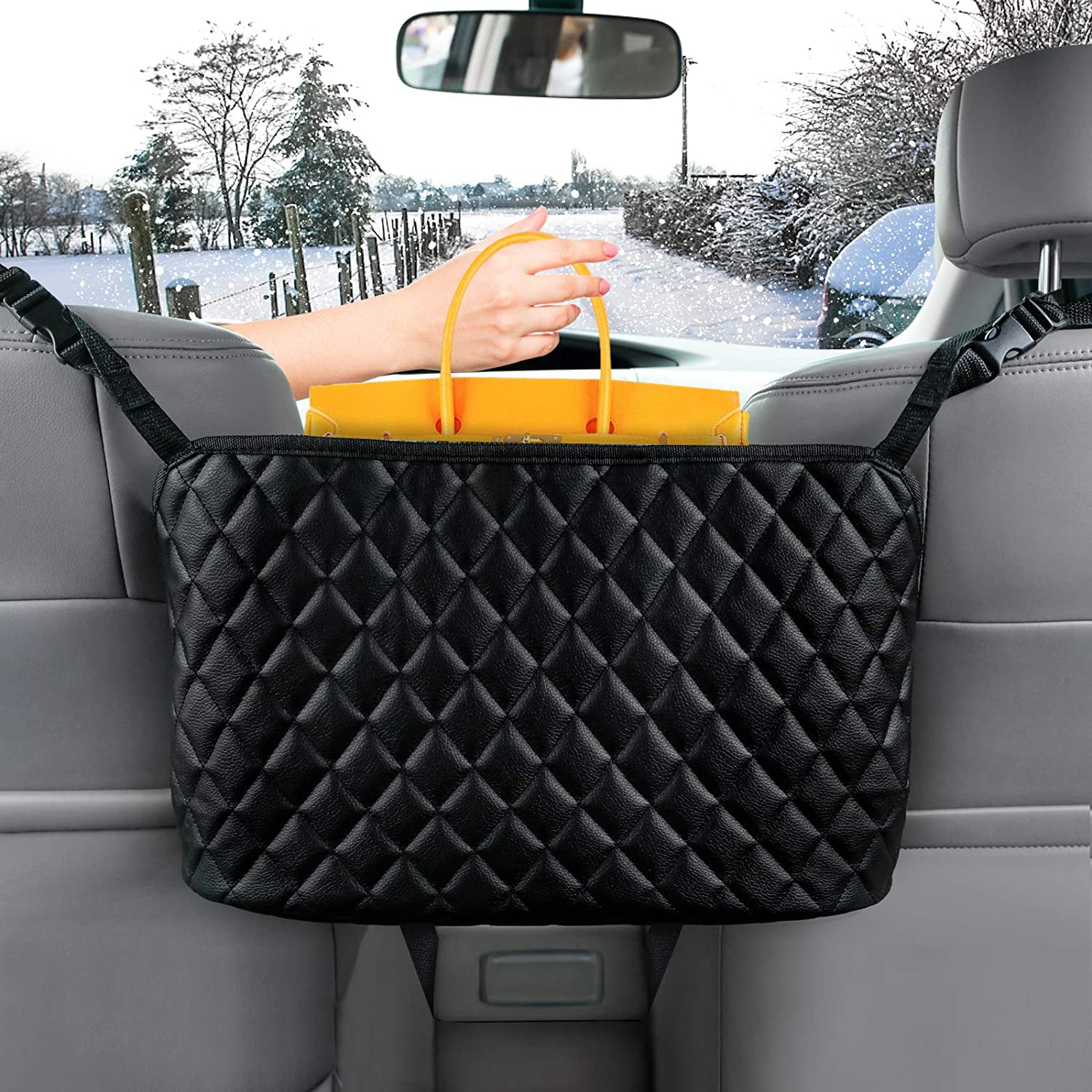 Barrier of Backseat Pet Kids Black Leather Seat Back Organizer Front Seat Storage Car Handbag Holder Car Purse Storage & Pocket 
