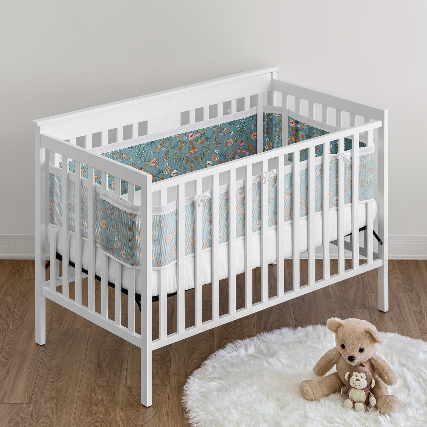 Sweet Jojo Designs + BreathableBaby Boho Floral Wildflower Blue and Orange Girl Breathable Mesh Crib Liner