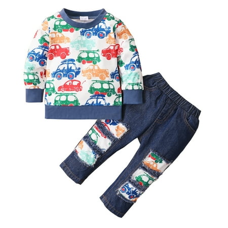 

Kucnuzki 18 Months Infant Boy Fall-Winter Outfits Pants Sets 24 Months Long Sleeve Carton Car Prints Tops Elastic Ripped Pants 2PCS Set Blue