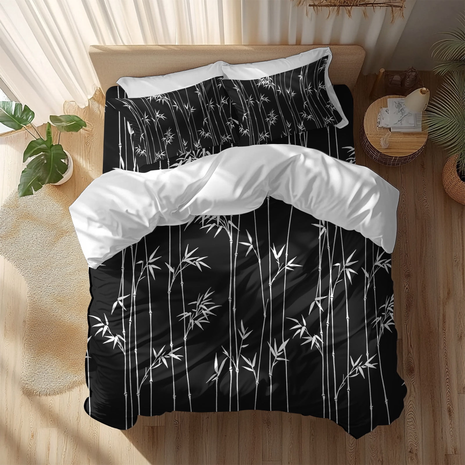 Black Bamboos Comforter Set Queen Size, Minimalist White Bamboos Stems Leaf Soft Bedding Set for Man Woman, 4 Pieces Duvet Cover Set with Fitted Sheet, 2 Pillowcases